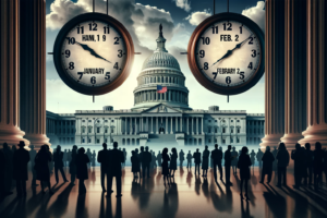 Dall·e 2023 12 21 14.05.01 An Artistic Representation Of The U.s. Capitol Building In Washington D.c. With Two Large Clocks Showing Deadlines One Set To January 19 And The Ot