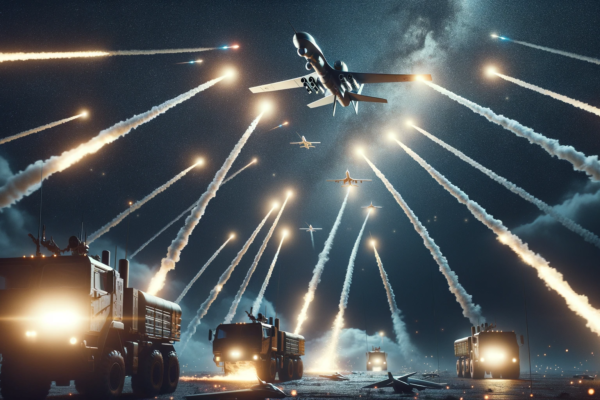 Dall·e 2023 12 25 19.56.18 A Realistic Depiction Of Ukrainian Air Defense Systems Intercepting Russian Drones Over A Night Sky. The Scene Shows Multiple Missile Trails And Explo