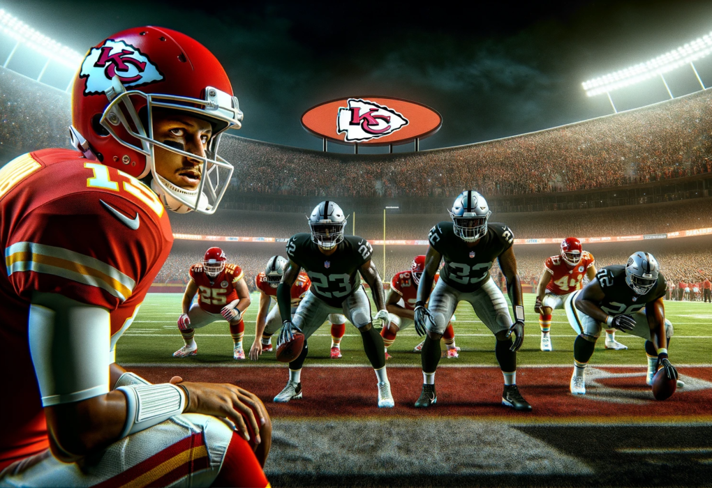 Dall·e 2023 12 25 20.09.42 A Hyper Realistic Image Of A Night Time Nfl Game Between The Kansas City Chiefs And The Las Vegas Raiders At Arrowhead Stadium. The Scene Captures A T